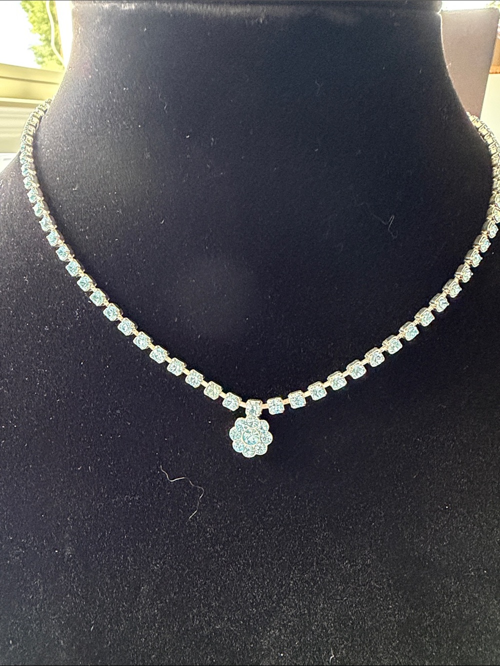 VINTAGE Silver light blue Tone Crystal Tennis Necklace with Flower Pendant